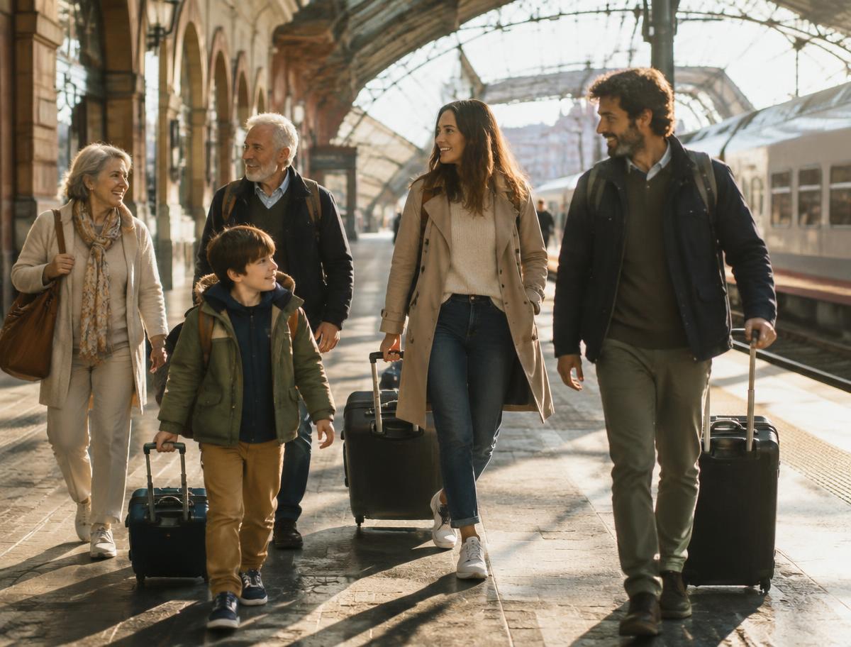 A family with luggage walking along a sunlit European station platform