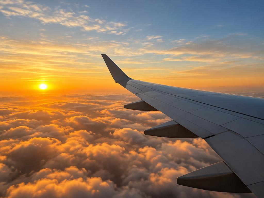 View of an airliner wing above clouds at sunrise