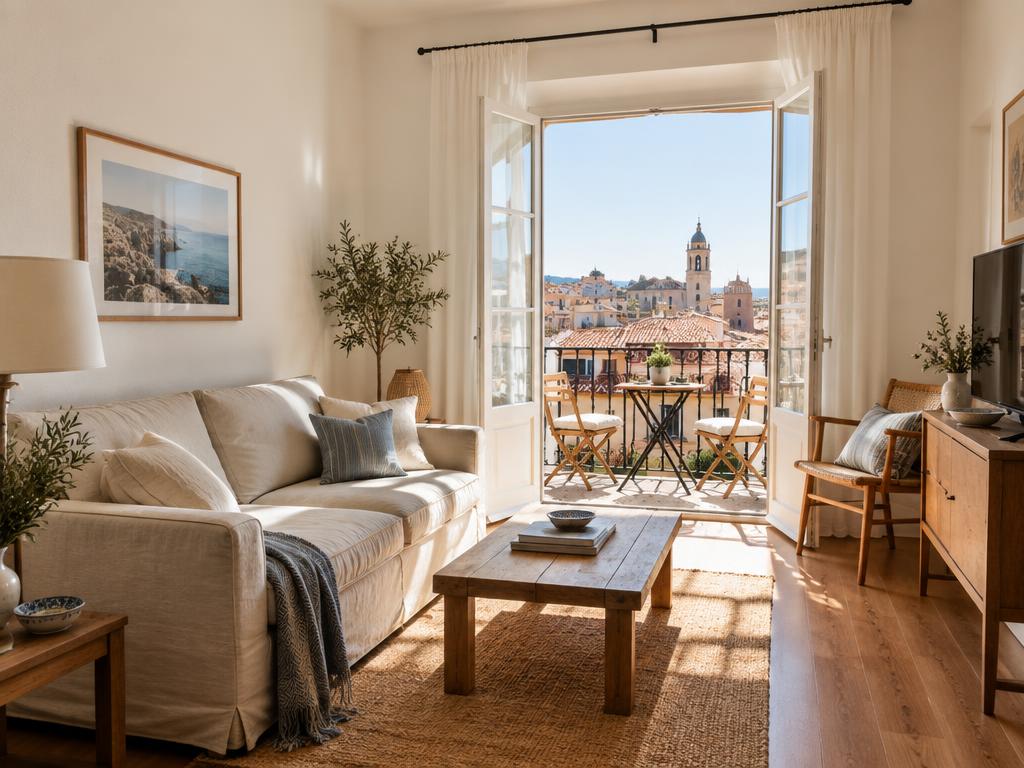 Bright holiday apartment living room with a balcony over old rooftops