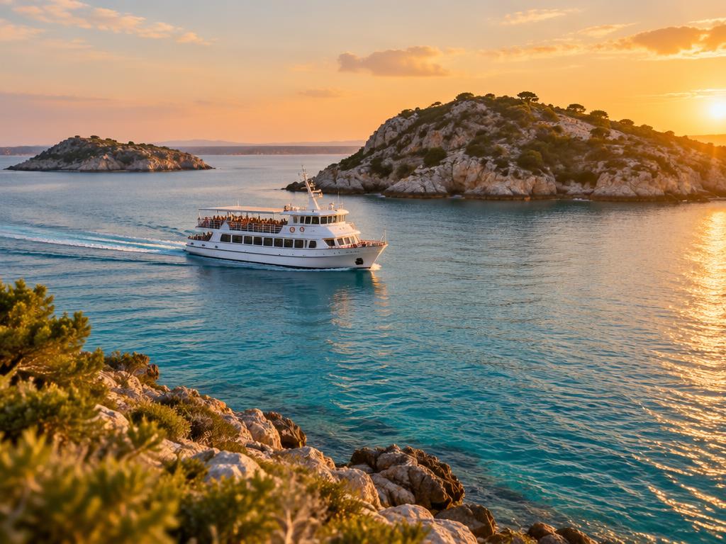 Passenger ferry crossing turquoise water near rocky islands