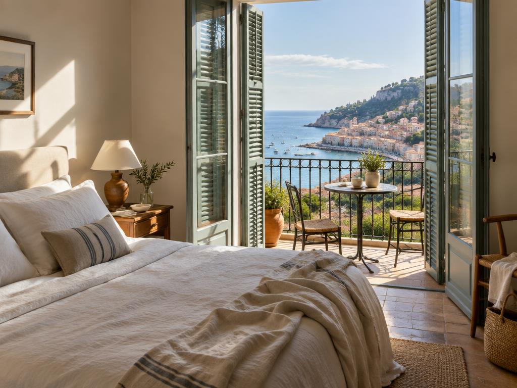 Sunlit Mediterranean room with shutters open to a coastal view